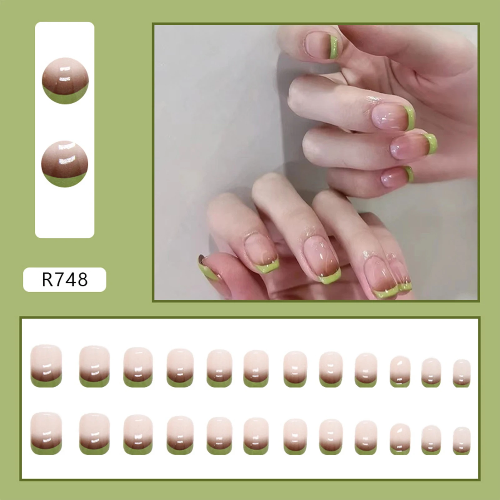 Grey-Green Color Gradient Fake Nails with Comfortable Touch as Natural Nails for Parties Dates Weddings Proms