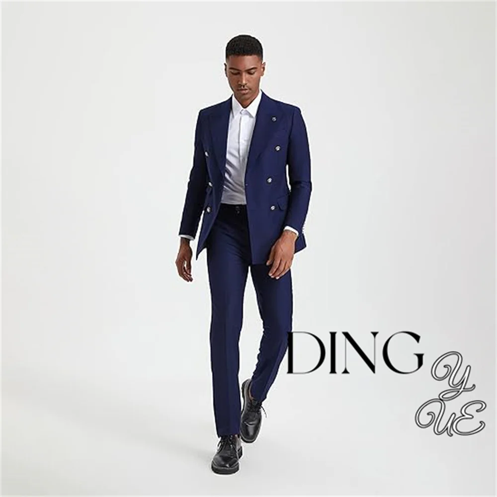 Navy Blue Tailor Made Men Suits Peak Lapel Men Blazer Two Piece Jacket Pants Slim Fit Groom Wedding Tuxedos Costume Homme