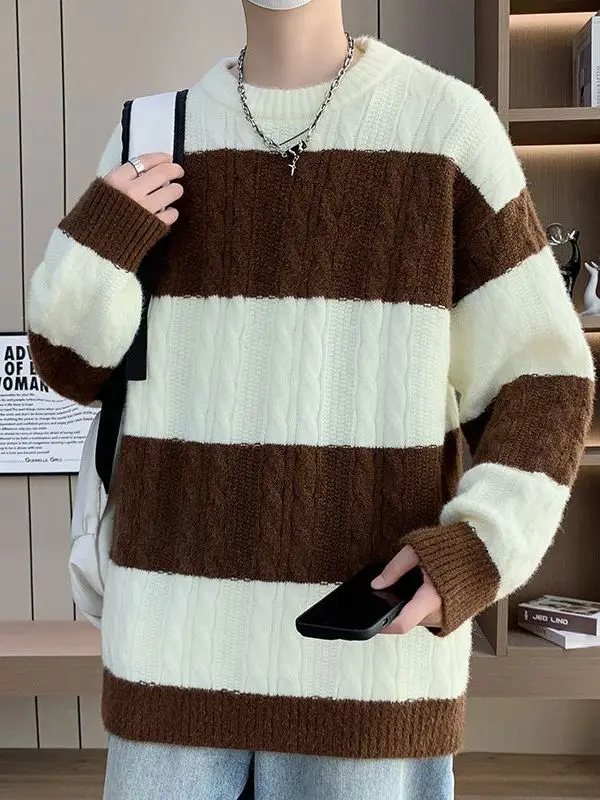 

Мужской трикотаж в полоску, круглый, свободный крой, зимний теплый свитер, деловой повседневный мягкий зимний свитер из полиэфирного волокна