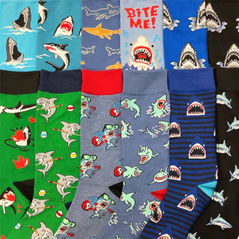 1 Pair Great White Shark Unisex Socks Combed Cotton Cartoon Hip Hop Skateboard Keep Warm Gato Dolphins Whales Protect Nature Sox