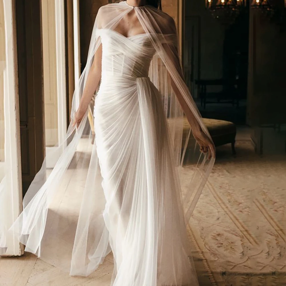 

2025 Off-Shoulder Straight Wedding Dress Organza Long Cape Tulle Bridal Gown Simple Elegant Women Dress for Beach Wedding