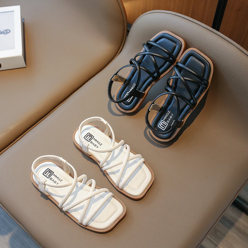 

Girl's Sandals Narrow Band Square Toe Elastic Band Children Sliders Black Beige Morden Light Casual Kids Summer Shoes 26-36