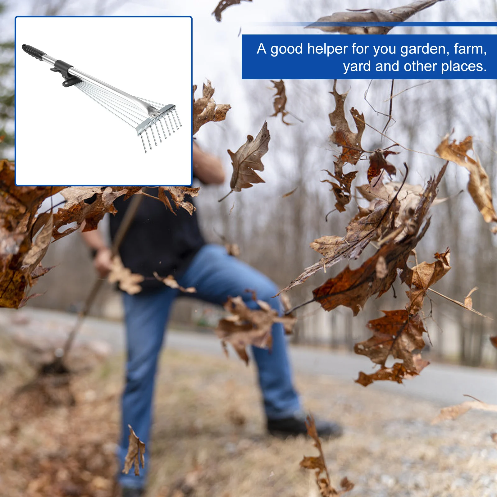 

Weather Resistant Sturdy Structure 9 Tooth Retractable Leaf Rake Garden Rake Tool For Deciduous Grass Weed Cleaning