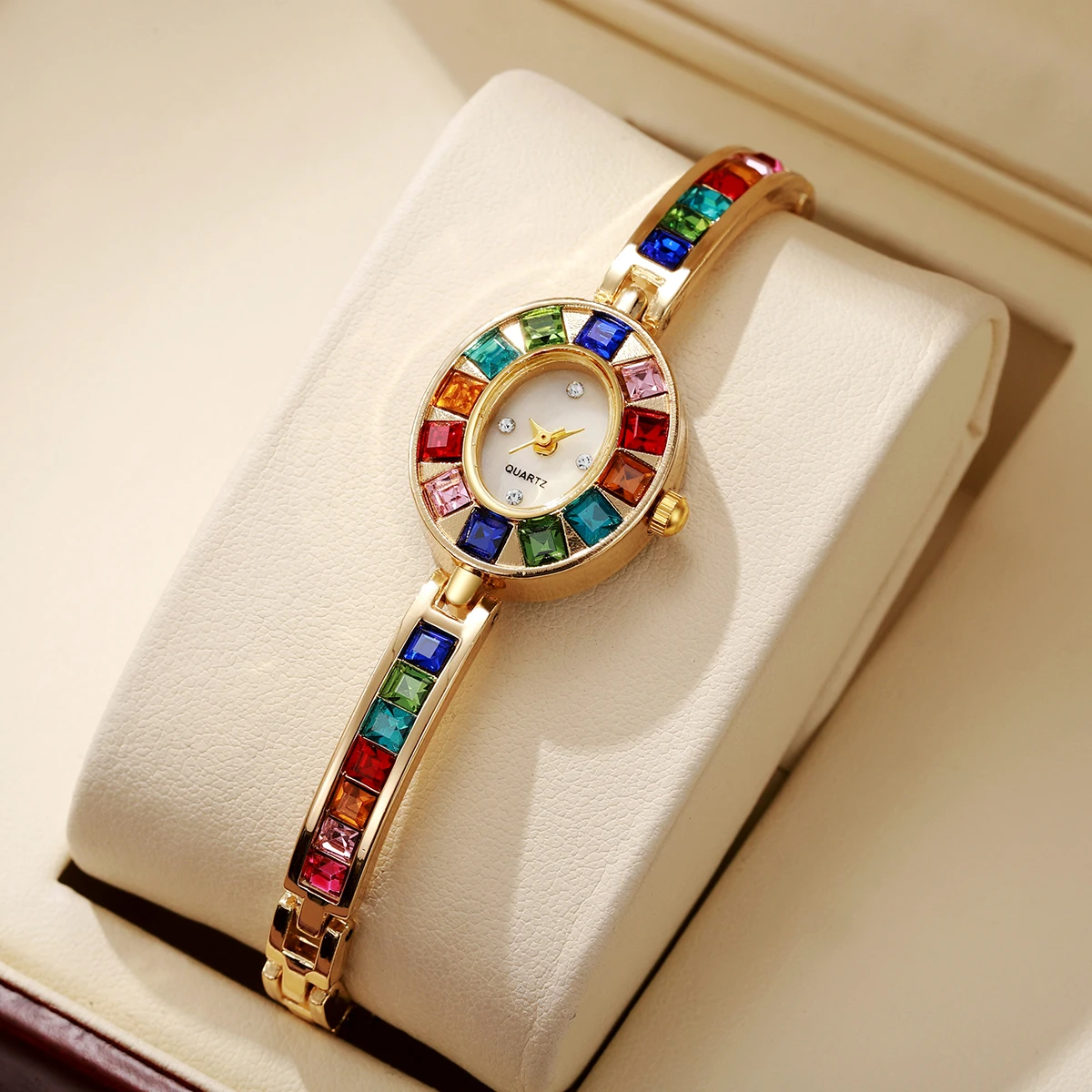 2PC Women's Retro Style Quartz Watch Elegant Ladies' Style Colorful Diamond Set Dial Compact Watch With Bracelet Holiday Gift