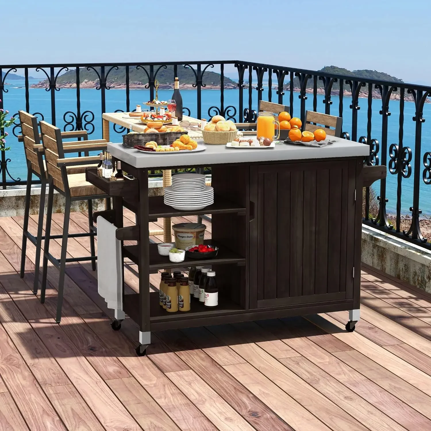 Solid Wood Patio Bar Table,  Outdoor Storage Cabinet Bar Table with Spice Rack Side Handle & Wheels, Portable Outdoor Kitchen