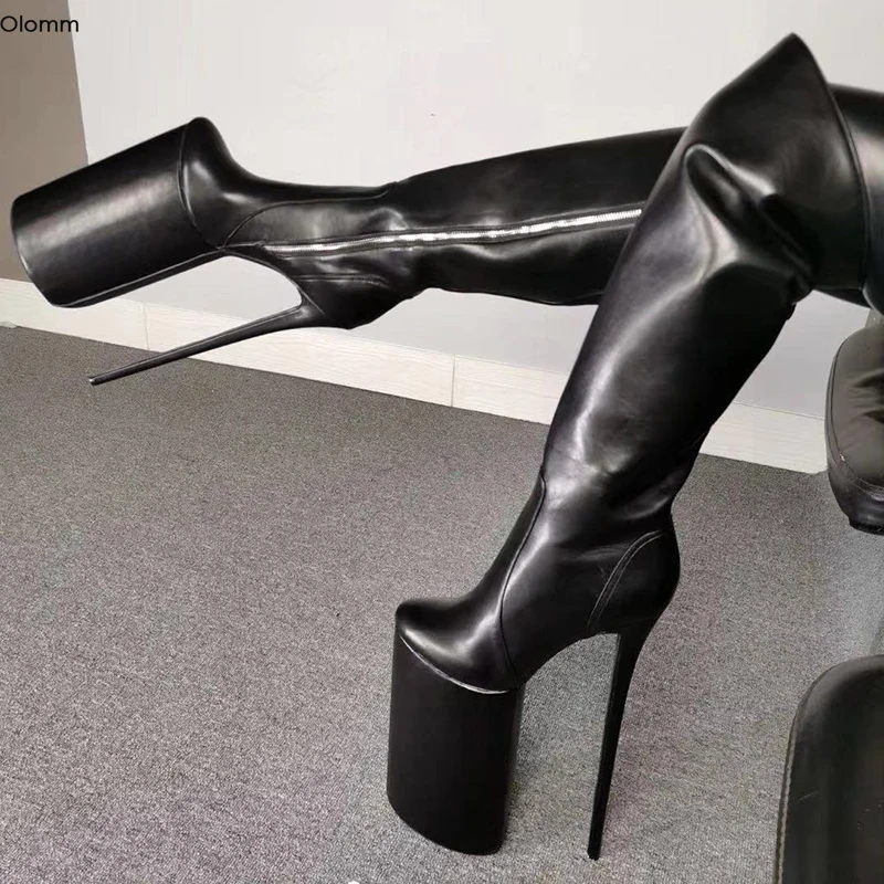 Olomm Women Platform Over The Knee Boots Super High 30cm Heels Boots Round Toe Black Night Club Shoes Women Plus US Size 5-15