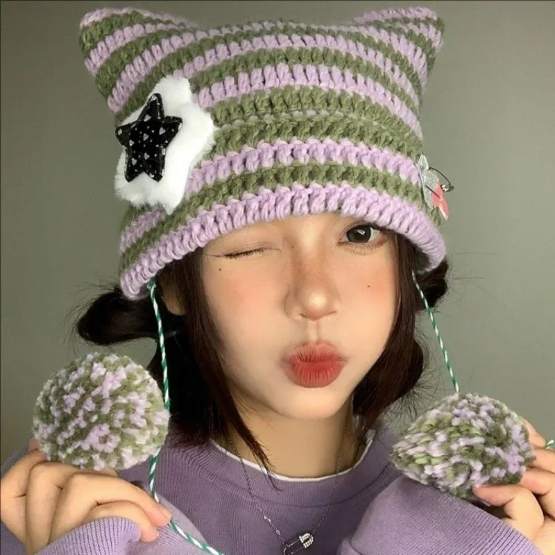 Star Devil Knitted Beanie Hats Women Y2K Kawaii Cat Ear Striped Beanies Korean Harajuku Hat Warm Autumn Winter Cute Pullover Cap