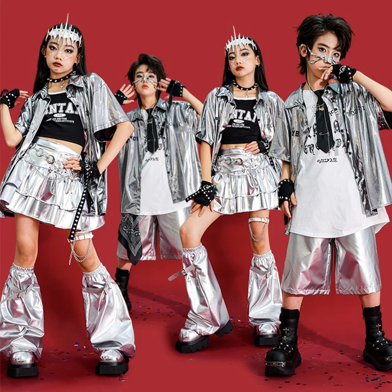 

New Jazz Dance Clothing Kids Stage Costume Kpop Performance Suit Silver Shirt Cake Skirt Runways Show Outfit Street Wear AMY2215