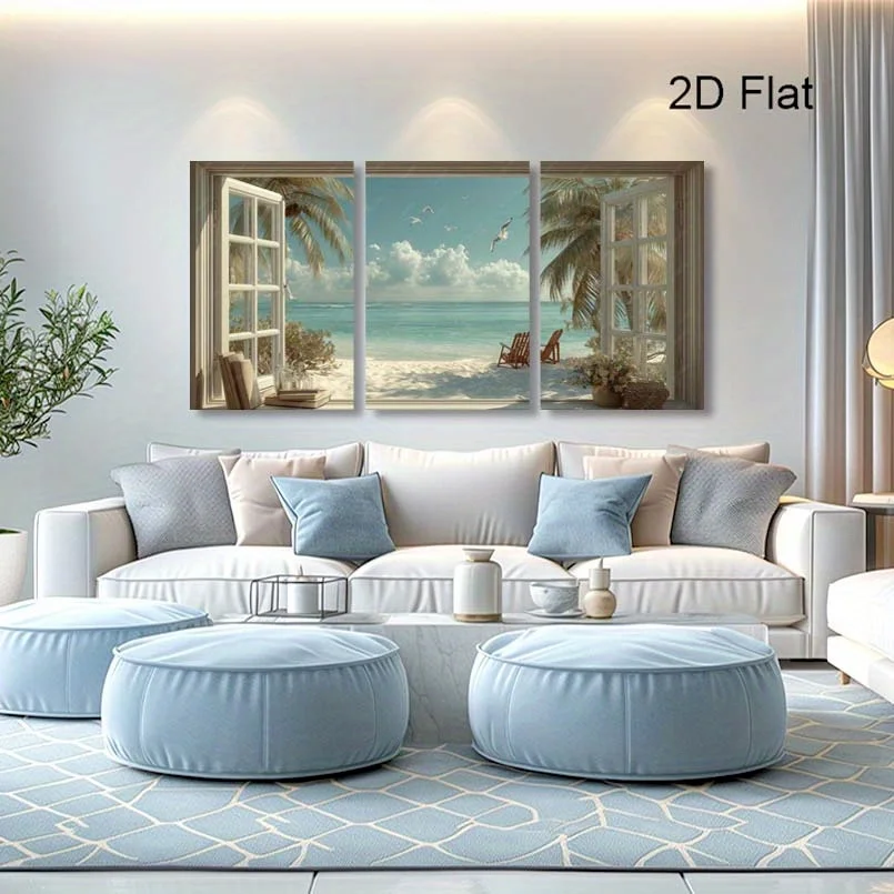 Frameless 2D Flat, 2D Flat, 2D Flat Set of 3 Abstract Framed Paintings Featuring Beach Views, Contemporary Canvas Art for Hom