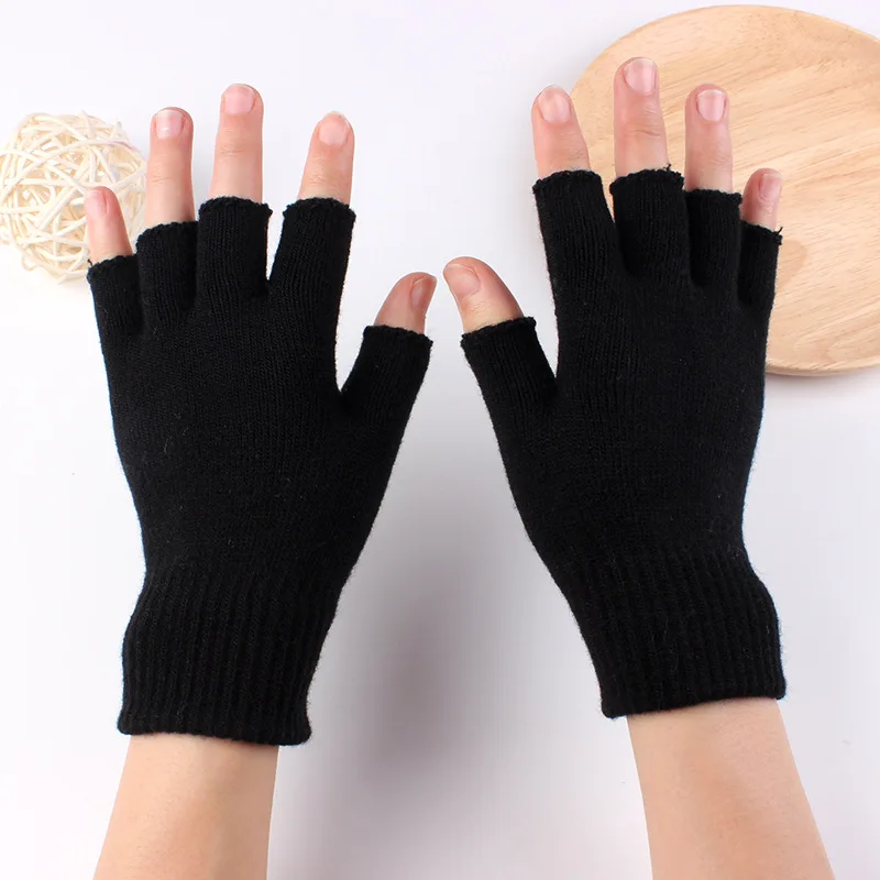 New Fashion Short Gloves Unisex Black Knitted Half Finger Gloves Fingerless Stretch Winter Work Mittens Warm Crochet Wrist Glove