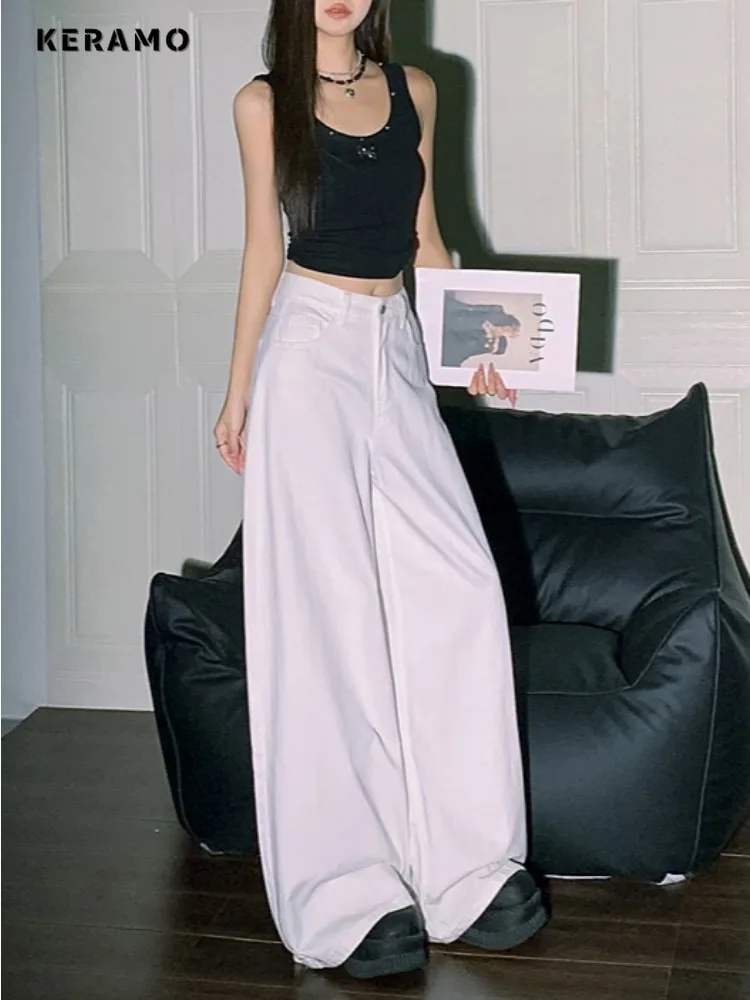 

025 Summer Y2K Punk Street Baggy Denim Trouser Vintage Solid Color Aesthetic Style Jeans Women's Casual Mop Full Length Pants