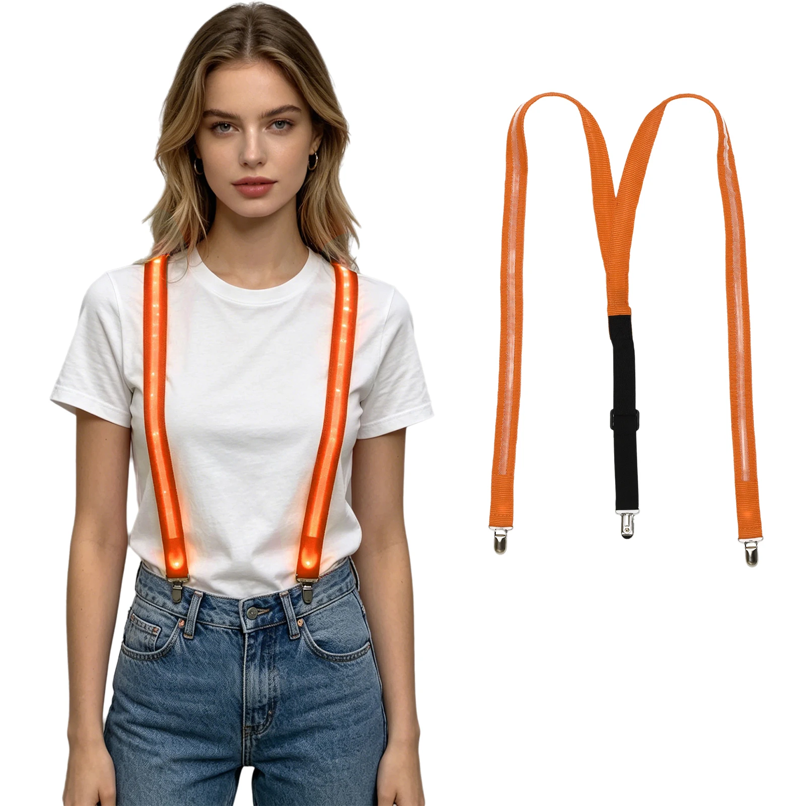 Light-up Suspenders with Clips 3 Glowing Modes Y-back Adjustable Detachable Illuminated Braces Party Costume Accessories