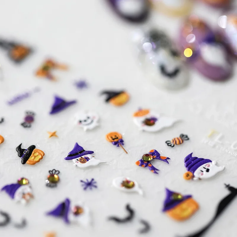 Shiny Rhinestone Ghost Witch Bat Pumpkin 5D Embossed Reliefs Self Adhesive Nail Art Stickers Halloween Manicure Decals Wholesale