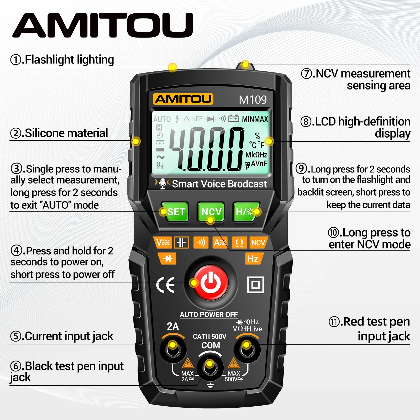 مقياس بث صوتي ذكي من AMITOU M109 متعدد متر صحيح RMS مقياس الجهد الفولتميتر/تيار مستمر مقياس التيار الكهربائي مقياس الجهد المتعدد أدوات اختبار احترافية