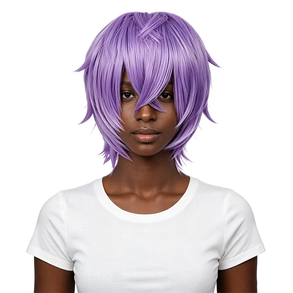 

Unisex Light Lavender Purple Short Spiky Cosplay Wig For Black Men Women High Temp Synthetic Fluffy Hair Party Halloween Daily