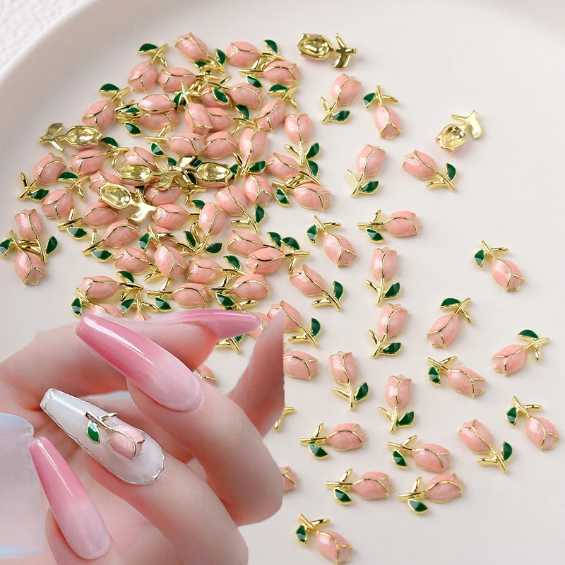

10Pcs/bag Metal Pink Tulips Nail Art Luxe Charms 3D Flower Jewelry Kawaii Korean Manicure Decoration Nail Parts Supplies JS48-10