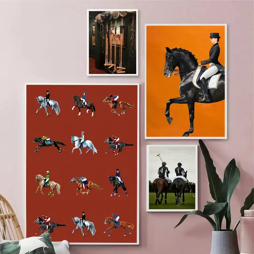 Antique Horse Rider Polo Etching Sport Equestrian Gallery Poster HD Waterproof Wall Art  Scratch Proof For Home Office Bar
