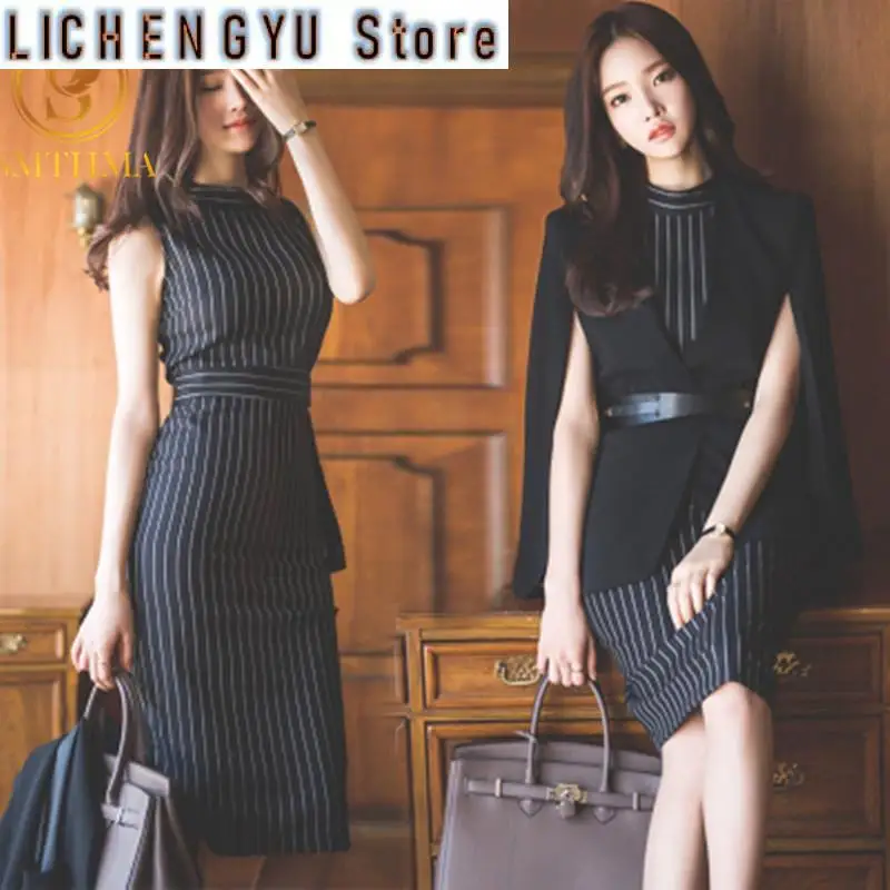 New Spring Autumn Women Ponchos Blazers And Jackets Two Piece  Striped Sleeveless Dress Set