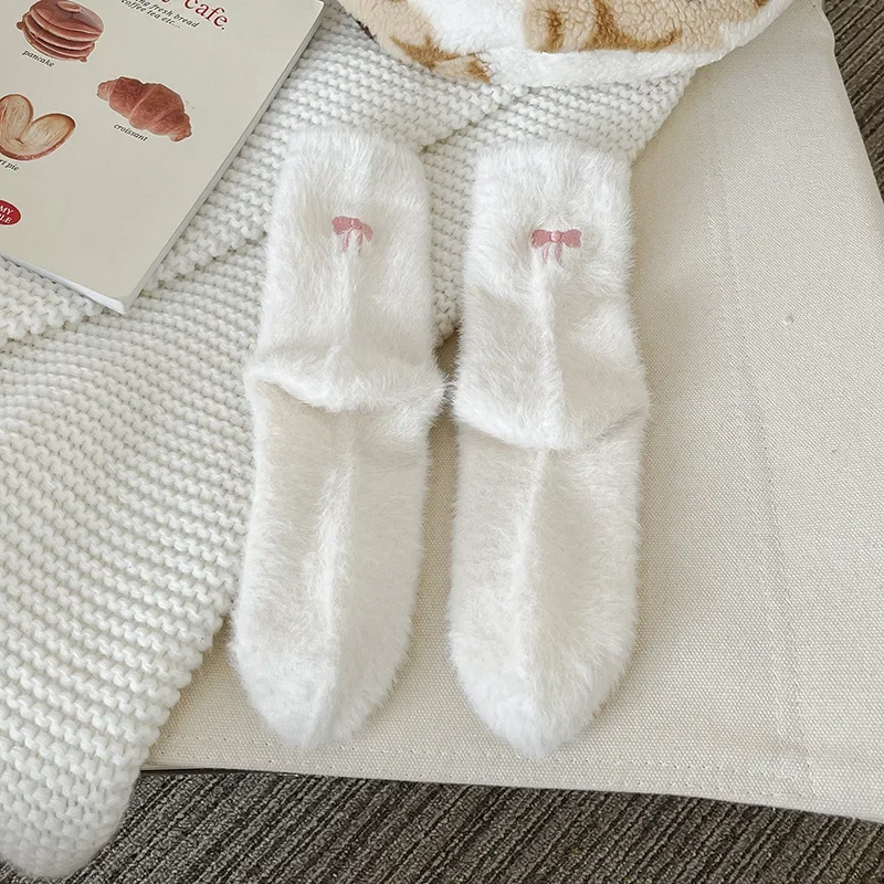 Embroidery Bow Plush Women Socks Winter Warm Sleep Mink Fur Floor Socks Girls Mid Tube Stockings Indoor Thermal Slipper Footwear