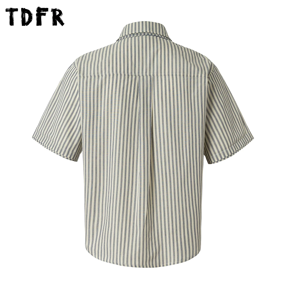 Vertical Stripes Short Sleeve Shirts Mens Patch Pocket Summer Retro Casual Single Breasted Lapel Half-Sleeve Cotton Shirts Man