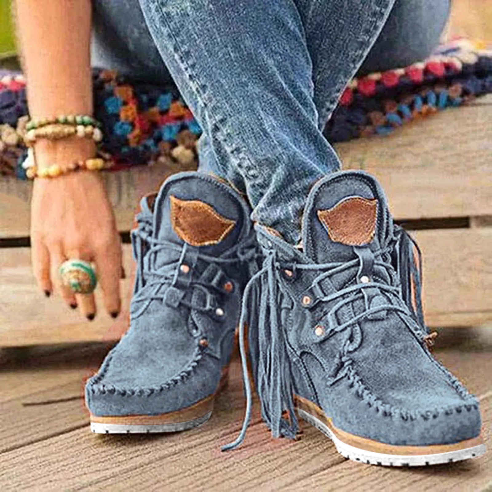 Vintage Tassel Ankle Boots Round Toe Solid Flat Heels Casual Bohemia Style Boots Women Autumn Winter Comfort Warm Short Boots