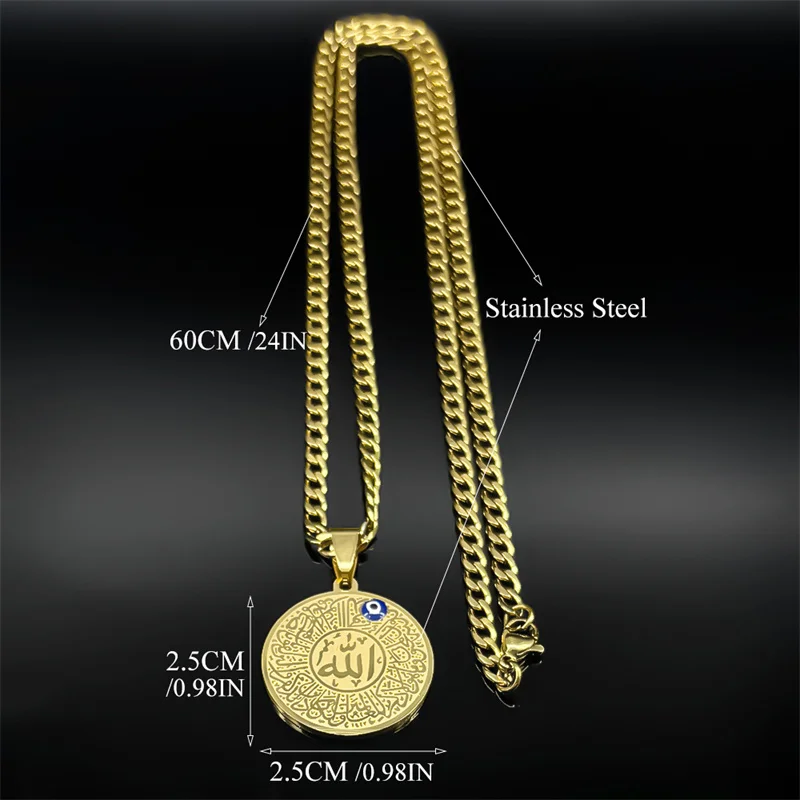 Islamic Muslim Quran Blue Evil Eye Amulet Pendant Necklace for Men Women Stainless Steel Gold Color Turkish Eye Arabic Jewelry