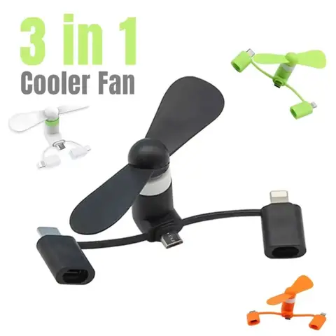 Portable 3 IN 1 Mini Fan USB Mobile Phone Cooler Fan For iPhone Samsung Xiaomi Micro/Type-C/IOS Universal Cooling Accessories