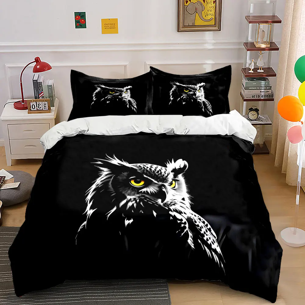 3pcs Dark and realistic owl Pattern Duvet Cover Set Digital Print Colorful Polyester Bedding with Zipper Closur for kids gifts