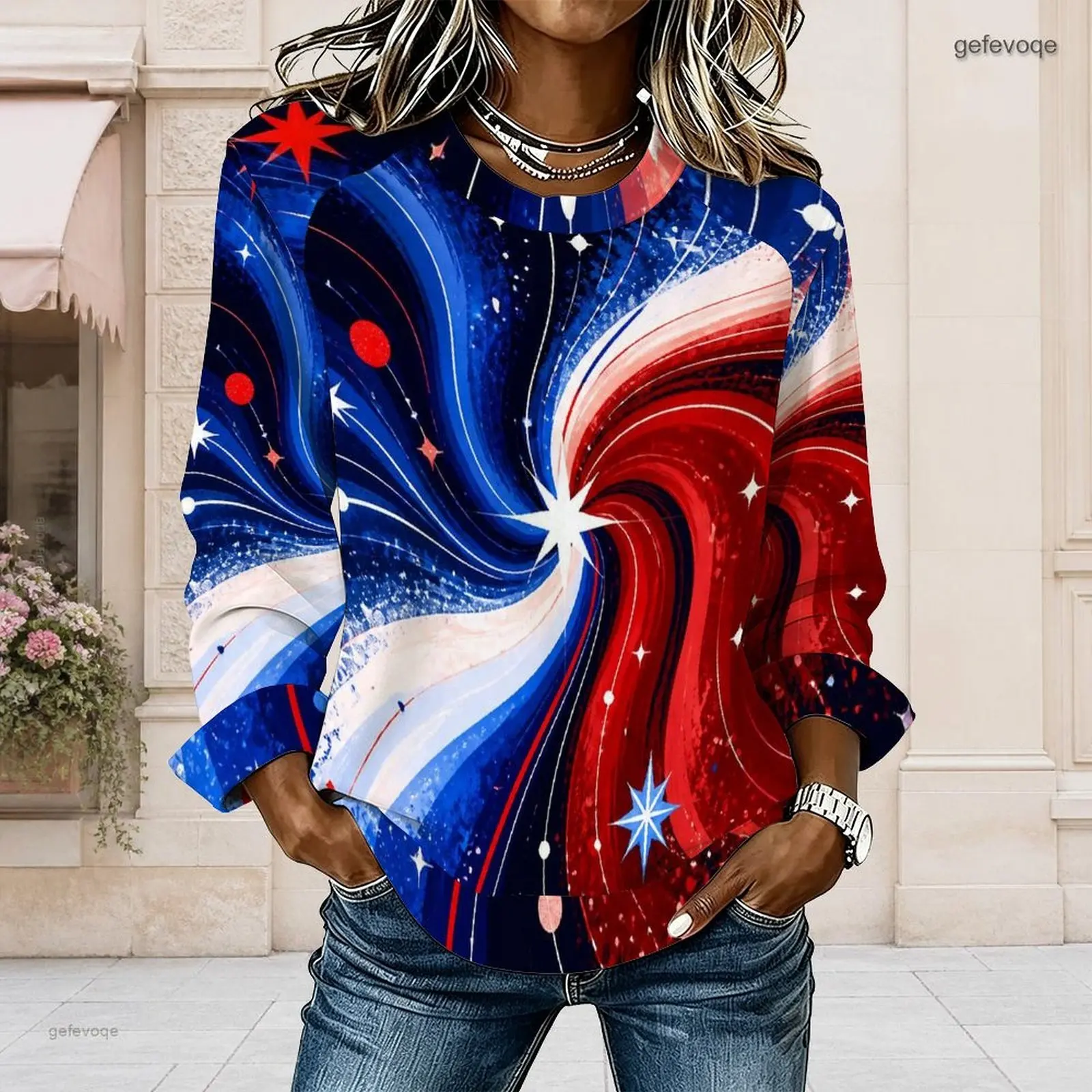 Women Round Neck Long Sleeve Top, Red Blue White Swirl Star Pattern Printed Curved Hem Casual Top