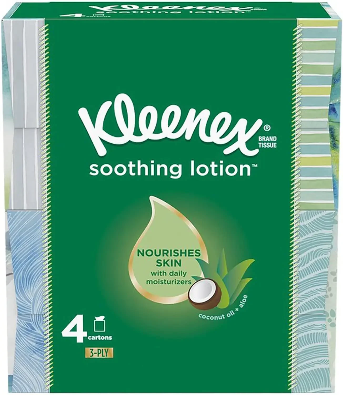 Kleenex Soothing Lotion Tissues with Aloe, Coconut Oil and Vitamin E, 4 cube boxes, 1 Cube Box containe 85 Tissues. Total of 340