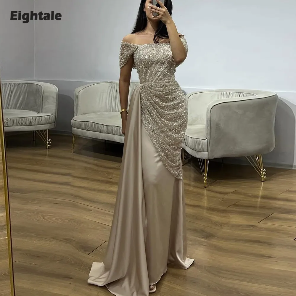 

Eightale Arabic Evening Dress Customized Strapless Sequin Satin Champagne Prom Wedding Party Gown Vestidos De Gala