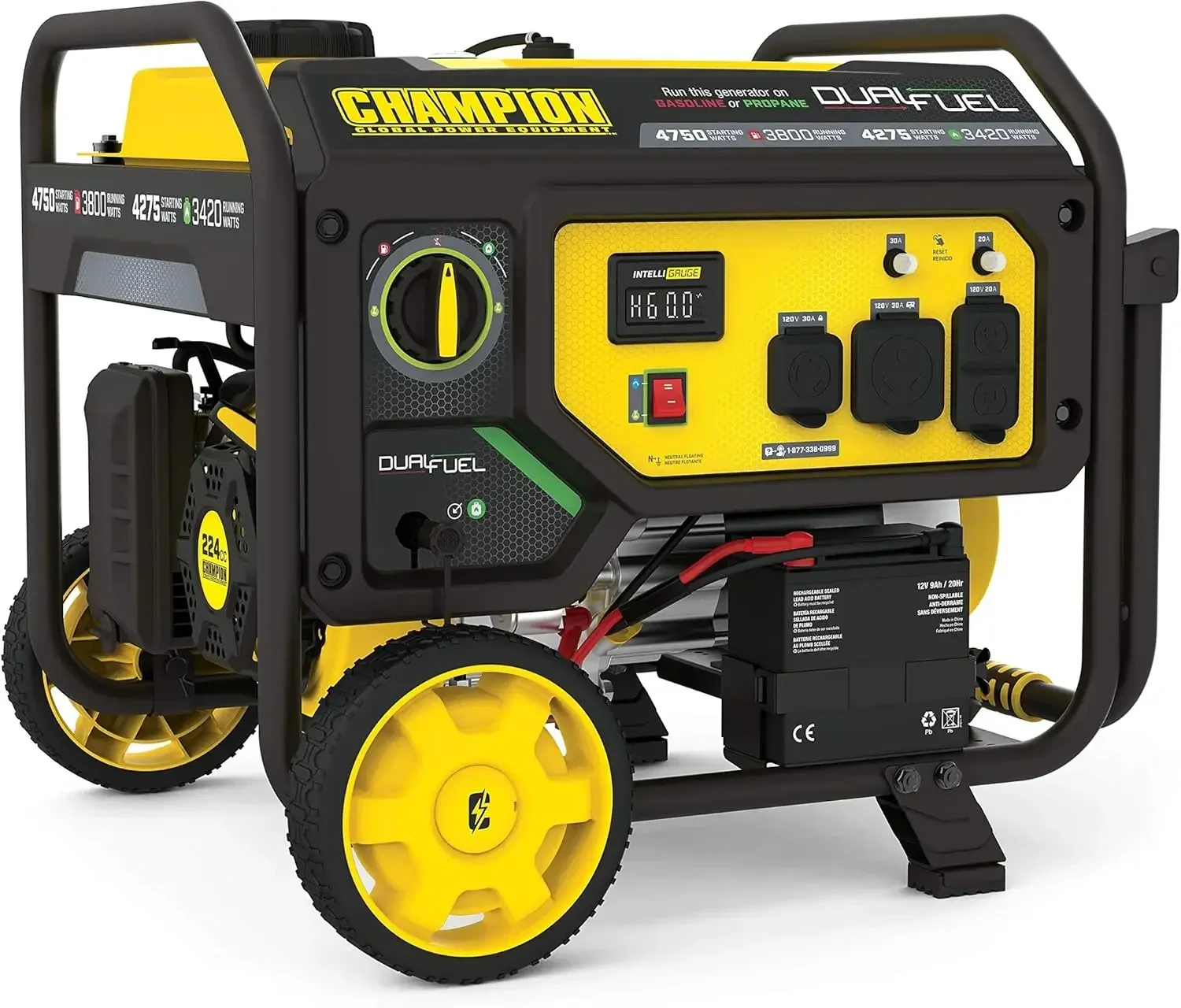 Watt Dual Fuel Portable Generator with Electric StartWheel KitINTELLIGAUGE: Keep track of voltage, hertz and run-time