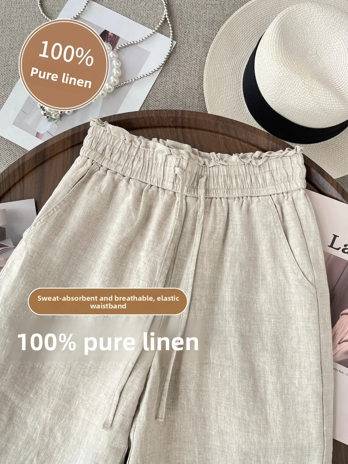 

Женские брюки с высокой талией и широкими штанинами, свободные, летние, тонкие, повседневные, в корейском стиле, для работы, модные, дышащие, из льна