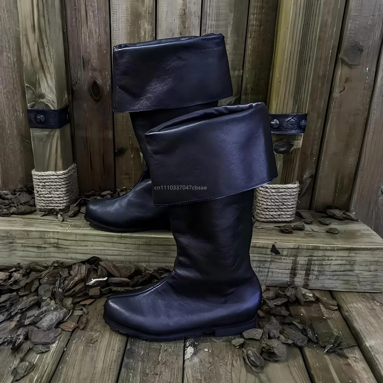 Medieval Renaissance Fold Over Mid Calf Flat Boots Retro Pu Leather Suede Boot Cosplay Pirate Halloween Warrior Shoes Footwear 3