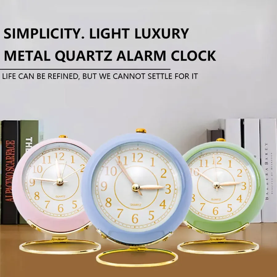1pc 3.5-inch Light Luxury Metal Quartz Alarm Clock, Bedroom Bedside Decorative Table Clock, with Backlit Clock Face, No Battery