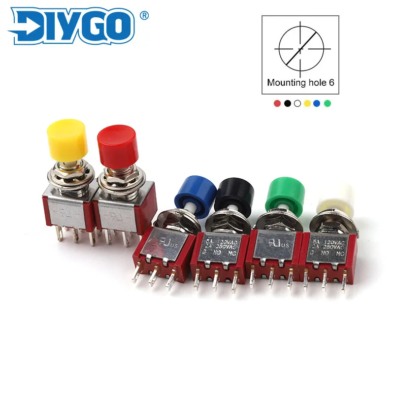 5 sztuk 3Pin C-NO-NC Reset zatrzaskowy przełącznik dwupozycyjny automatyczny przycisk powrotu (ON)-OFF 5A125V/2A250V 6mm Mini przełączniki dwupozycyjne