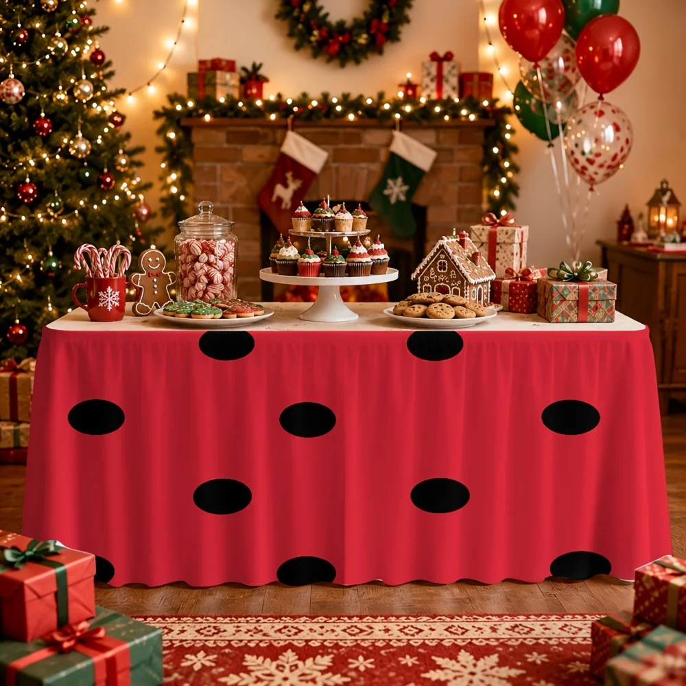 1-Pack, black polka dot tablecloth table skirt on red background, suitable for party events, kitchen and restaurant decoration