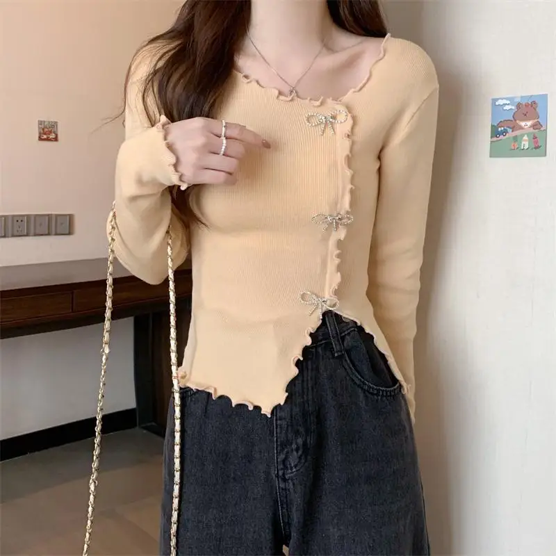 Korean Bow Tie Wood Ear Hem Bottom Knitted Shirt Women Slim Long Sleeve T-shirt Top