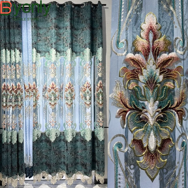 Retro European Embroidered Window Screen Blue-green Hollowed Out Chenille Curtains for Living Room Bedroom Balcony French Window