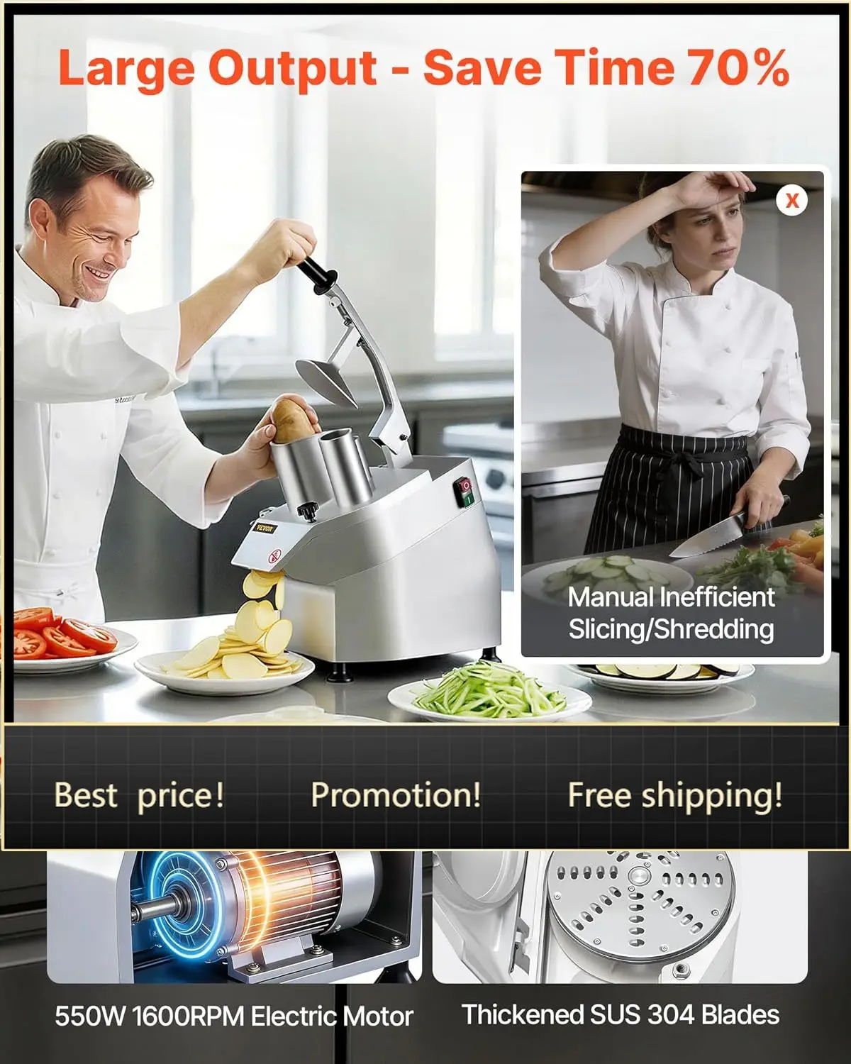 

Commercial Food Processor 2 Feeding Holes, 550W Electric Vegetable Slicer 1600 RPM, Stainless Steel Vegetable Processor Detachab