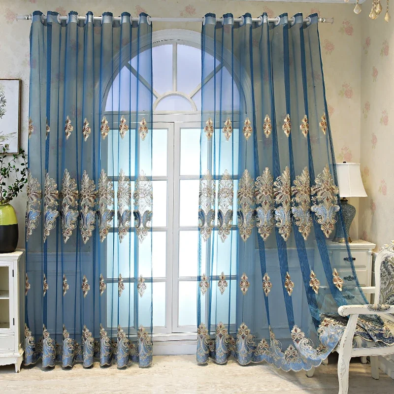 European Style Luxury Curtains, Embroidery Sheer Blue Velvet Lace Tulle Curtain for Living Room Bedroom, Window Decoration Drape