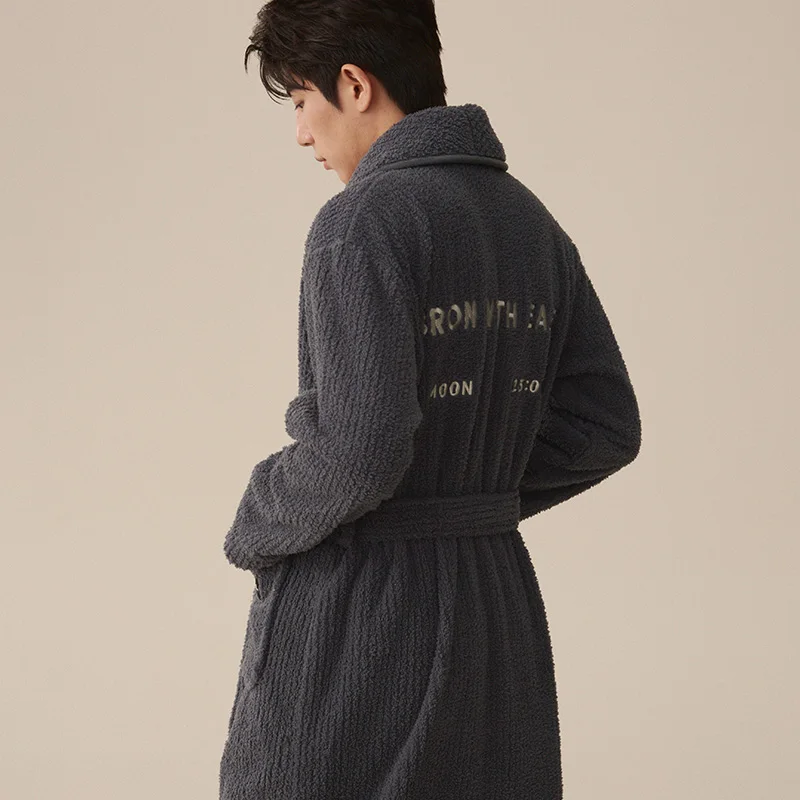 ثوب نوم طويل من الصوف المرجاني للزوجين للخريف والشتاء، لون سادة بسيط، شعور راقي، مناسب للارتداء المنزلي في الخارج في واي #6