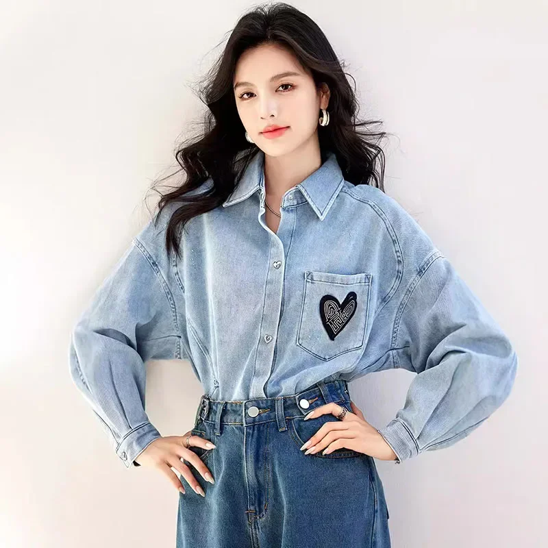 

2024 Autumn New Women's Shirt with Love Embroidery, Casual Loose Thin Long-sleeved Denim Jacket for Ladies