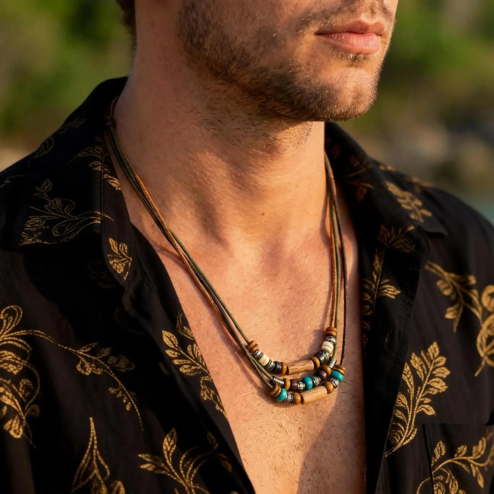 Vintage Wood Beads Leather Necklace for Men,2pcs/Set Multi-layer  Weave Collar Bracelet Jewelry Set Gift - view 2