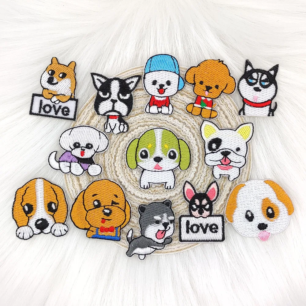 Lovely Dog Iron Patches For Clothing Kids Corgi Poodle Embroidery Self-adhesive Applique Repair Hole DIY Sewing Accessories