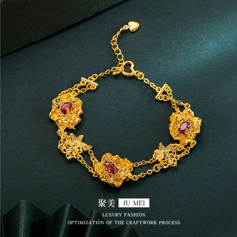 

Luxury 24K 9999 Pure Gold real gold Women's Ruby Flower Bracelet Exquisite Bracelet