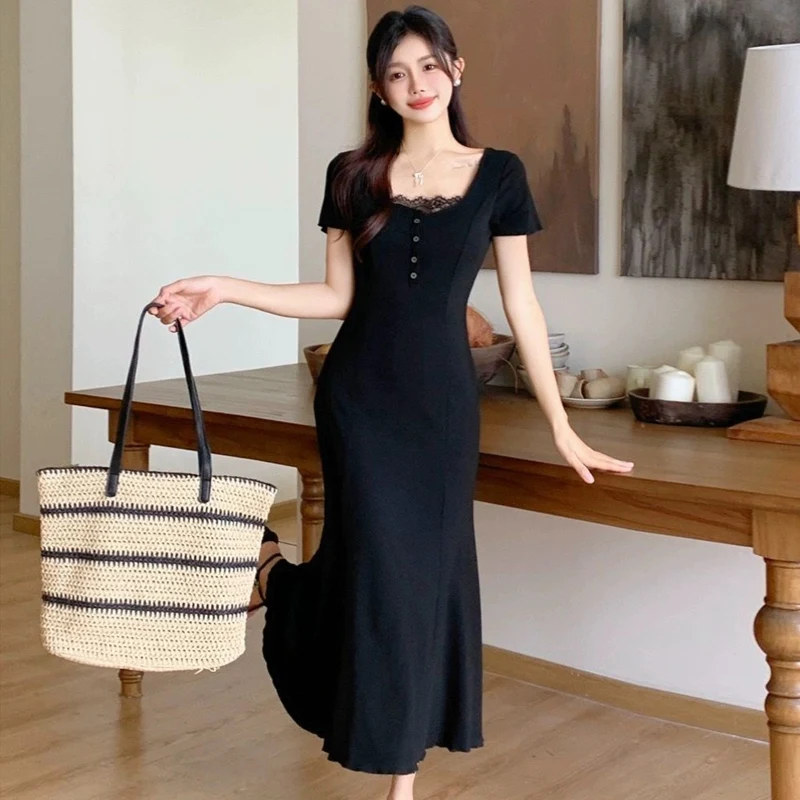 Robe longue d'été à manches courtes pour femmes, trompette, sirène, enveloppée de fesses, coupe cintrée et amincissante, tempérament élégant, 2025