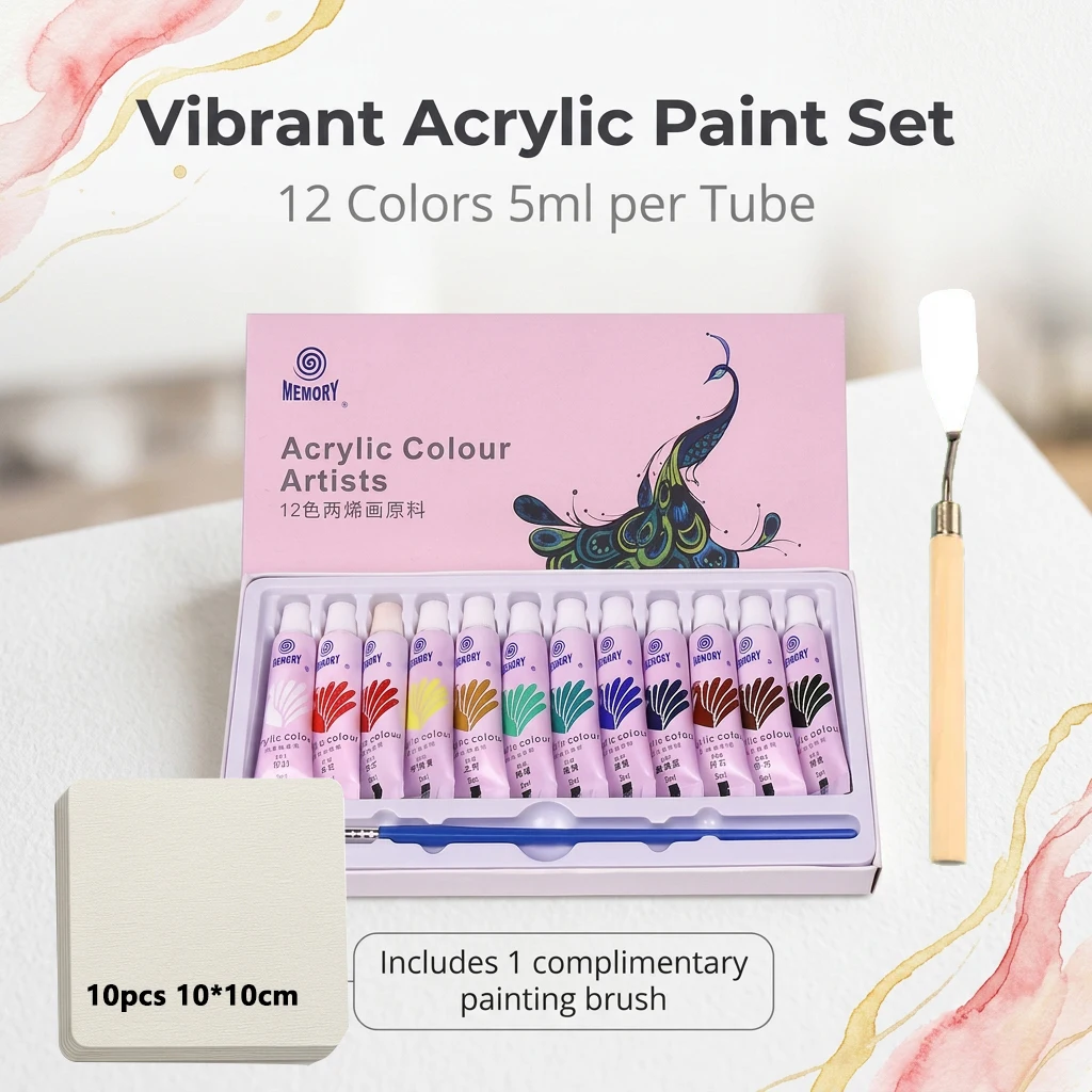 Acrylic Painting Kit for Students 12/24 Colors 5ml Each with Scraper 10 Sheets 10x10cm Watercolor Paper - Creative Art Supplies