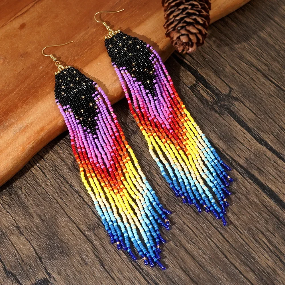ZGMXR Bohemia Alloy Gradient Color Rainbow Tassel Beaded Earrings for Women Hand Knitting Versatile Design Rice Bead Jewelry