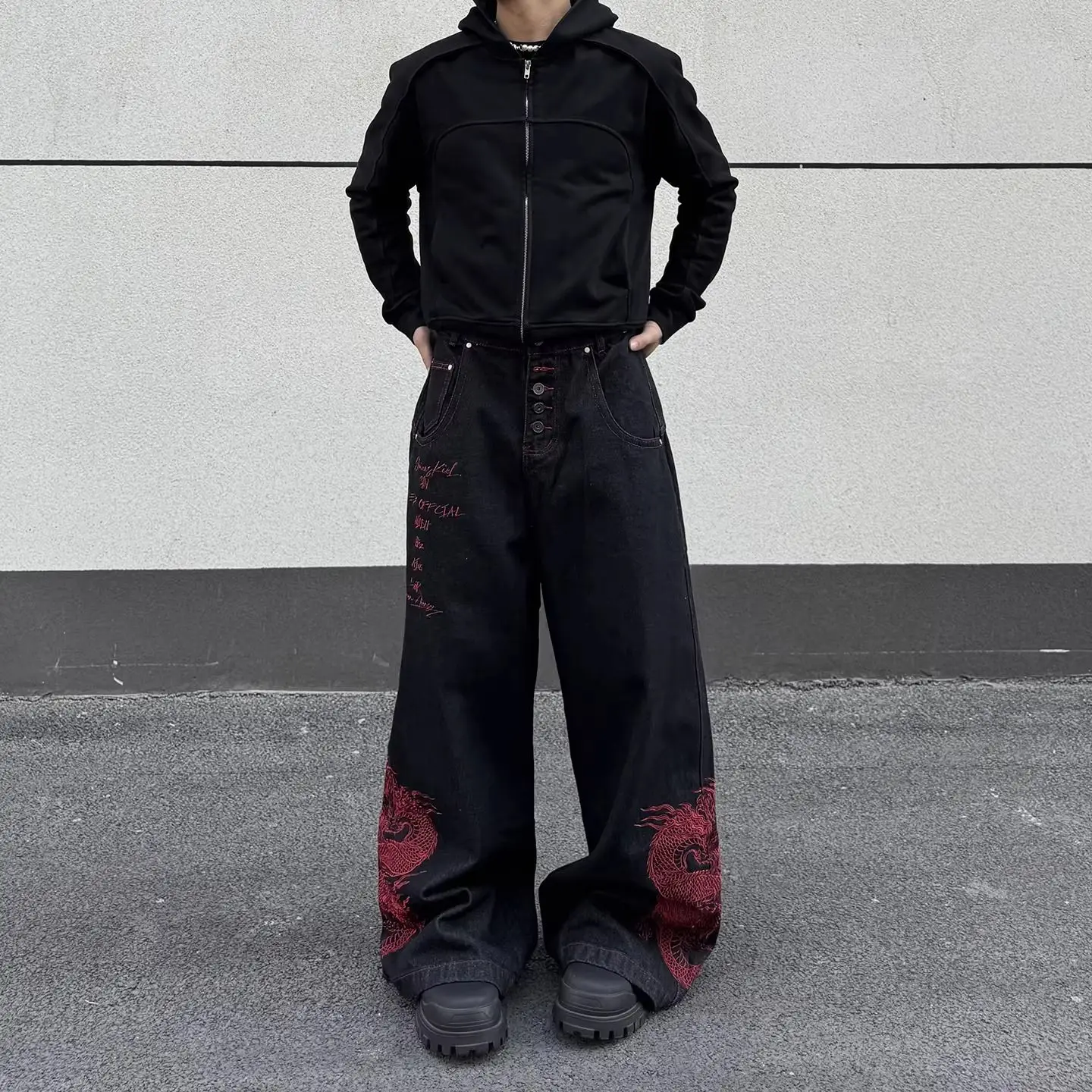 Men's Red Embroidery Pattern Printed Pants Streetwear High Waist Sweatpants Cool Boy Casual Bottom Male High Waist Trousers